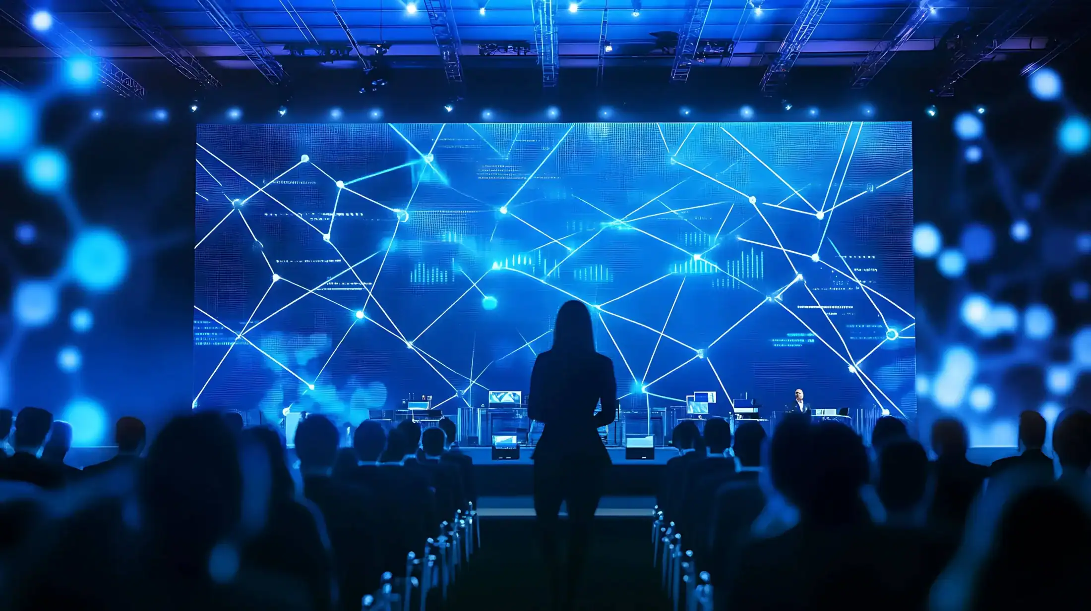 Technical team preparing equipment for a fast-paced corporate event