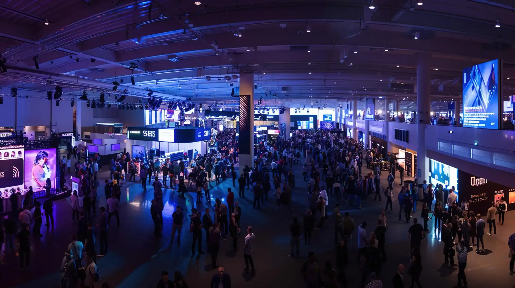 Busy exhibition hall with digital displays and event technology