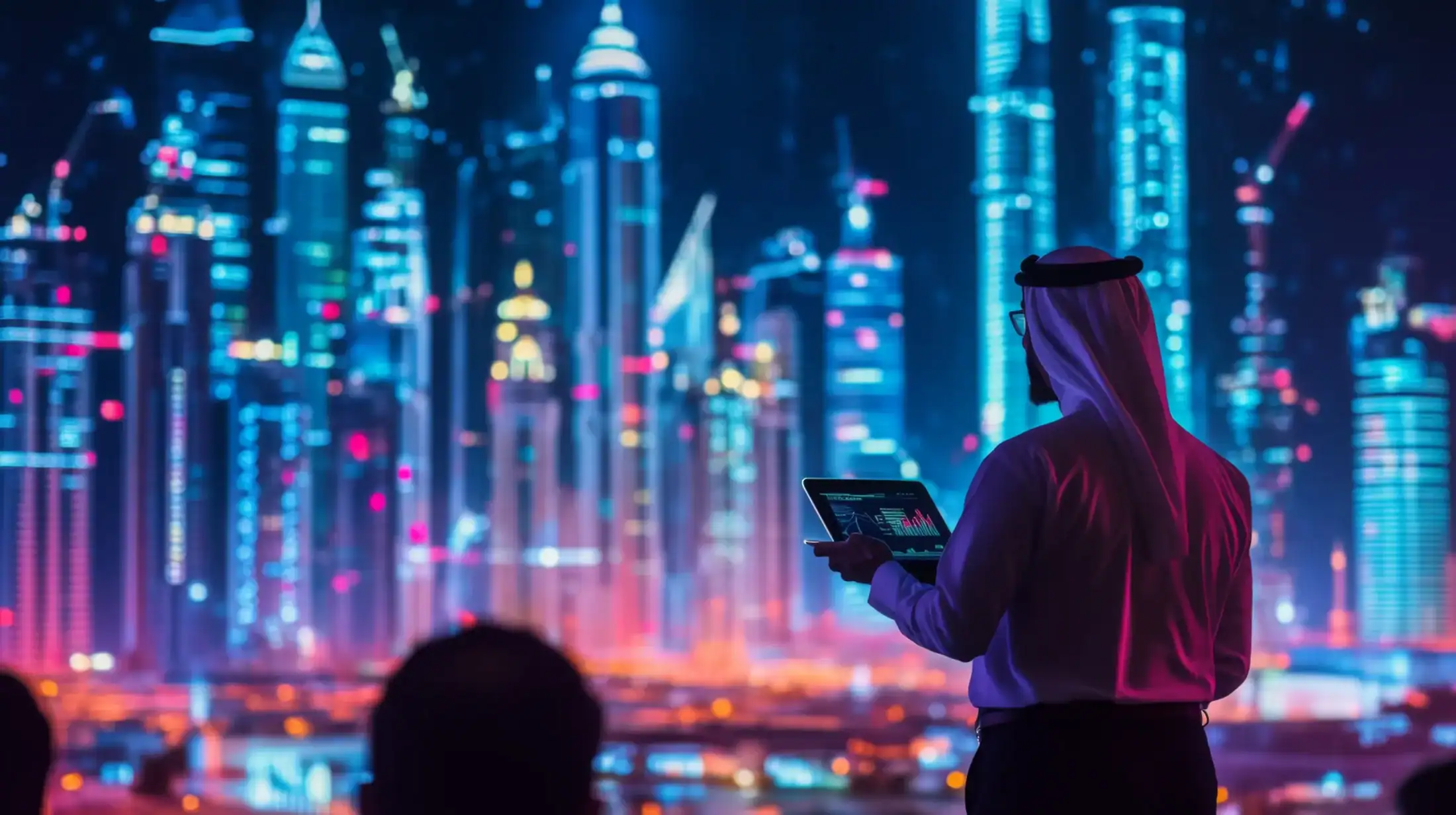Professional using a tablet against a futuristic Dubai cityscape