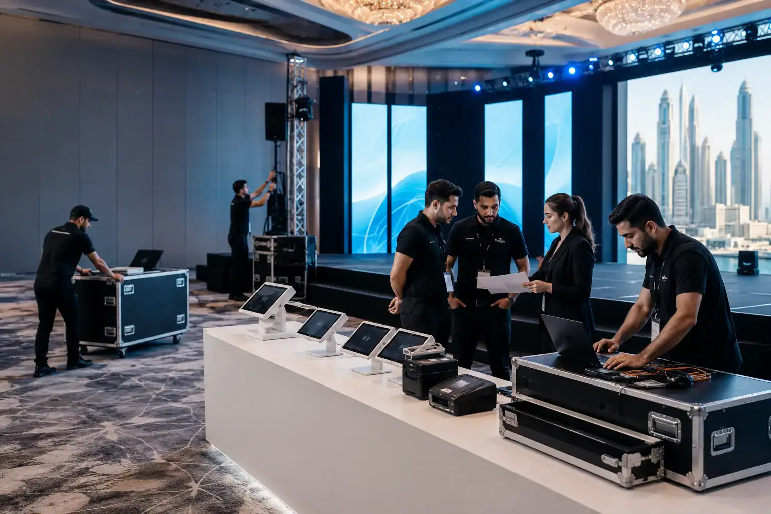Technical event staff preparing equipment and registration technology at a conference