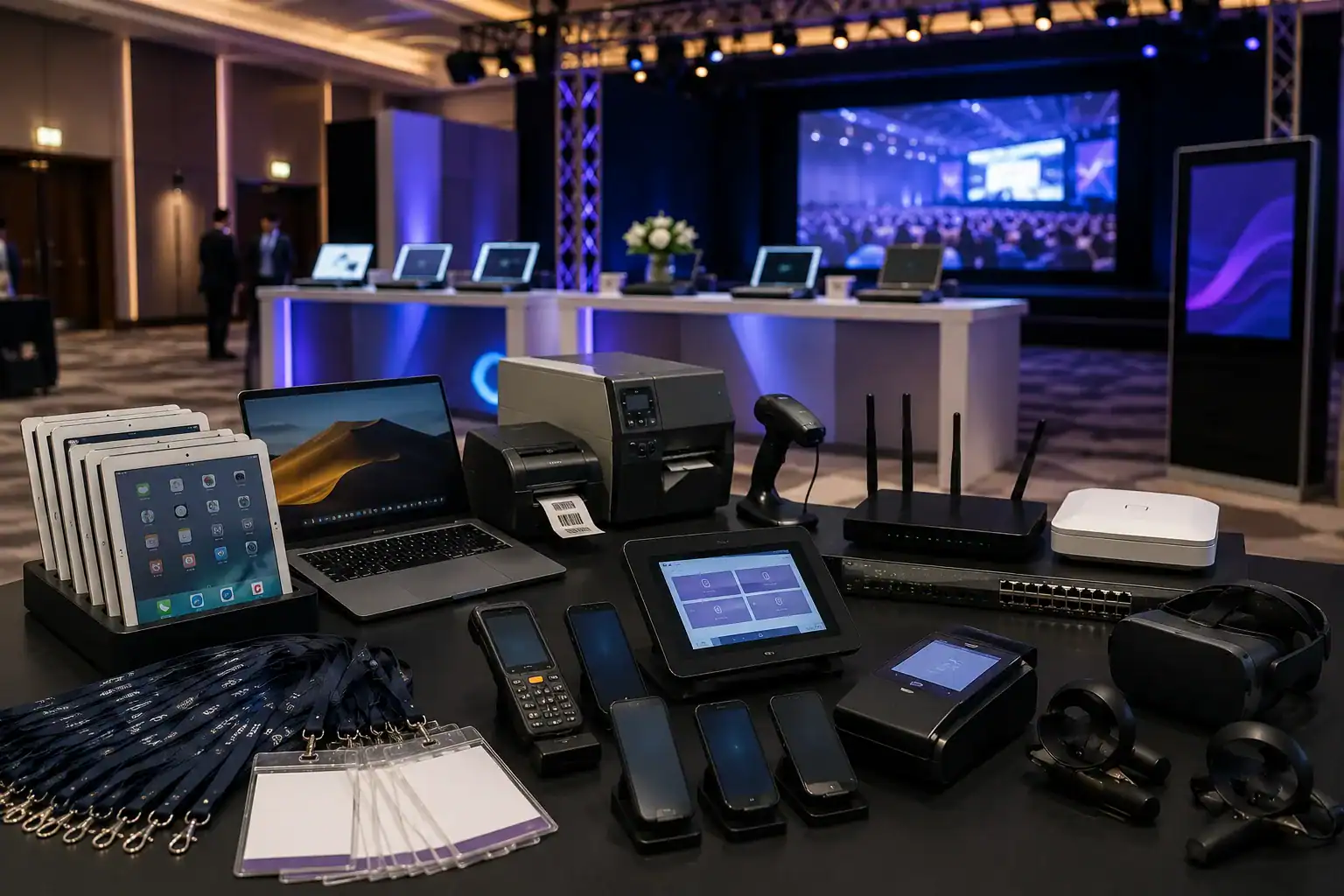 Event technology equipment prepared for a conference or exhibition
