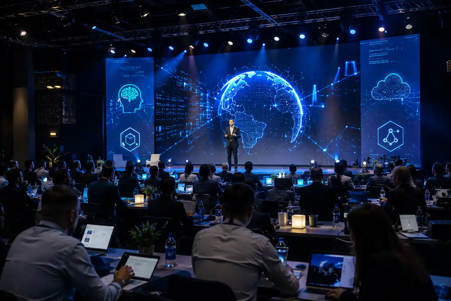 Speaker presenting immersive digital visuals to a corporate event audience
