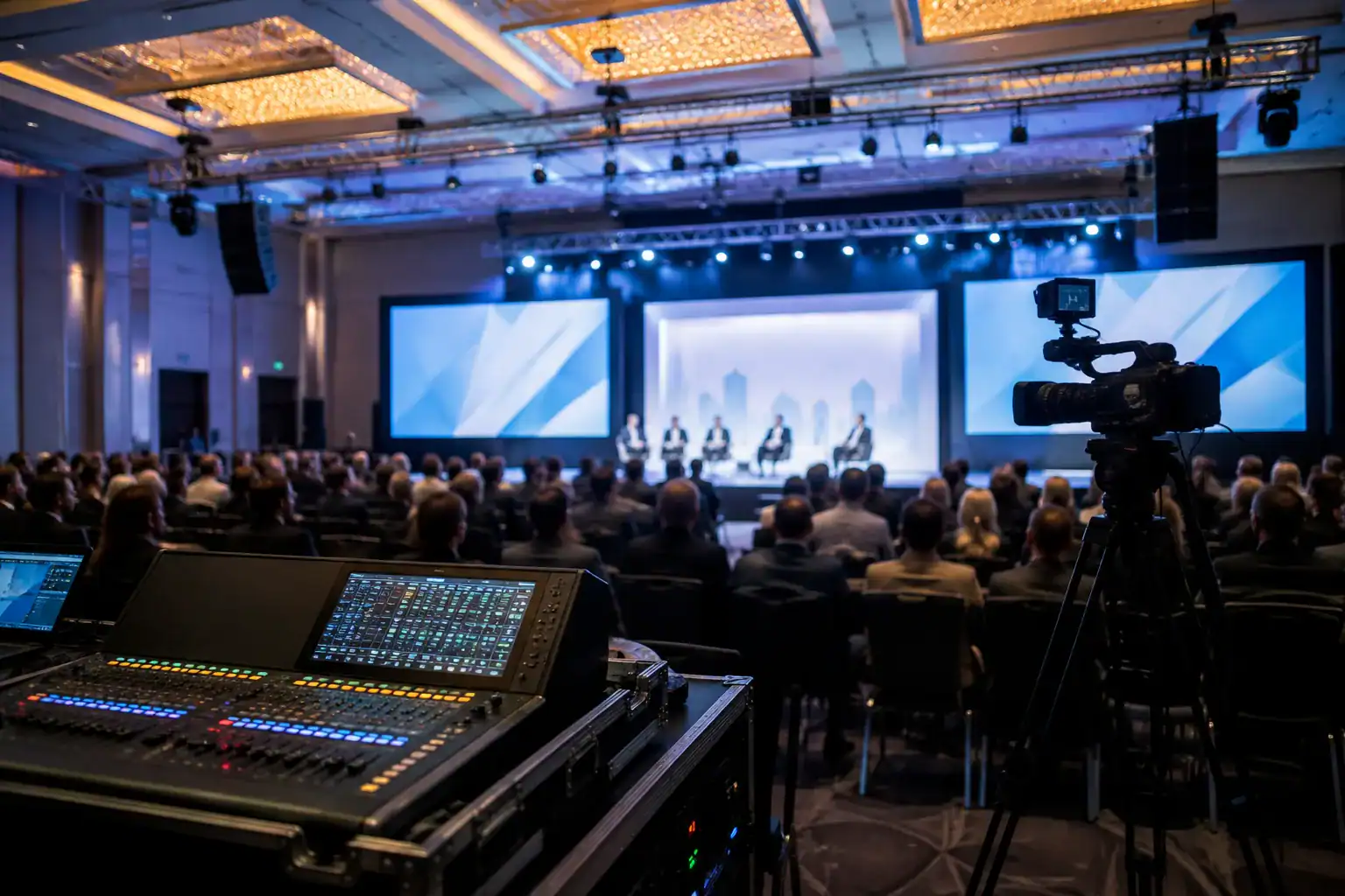 Audio visual control desk and camera covering a conference stage