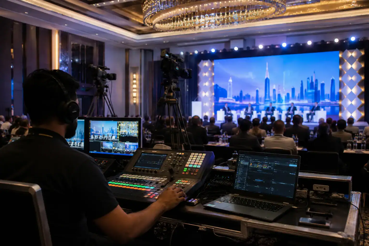 Event technician operating an AV control system during a live conference