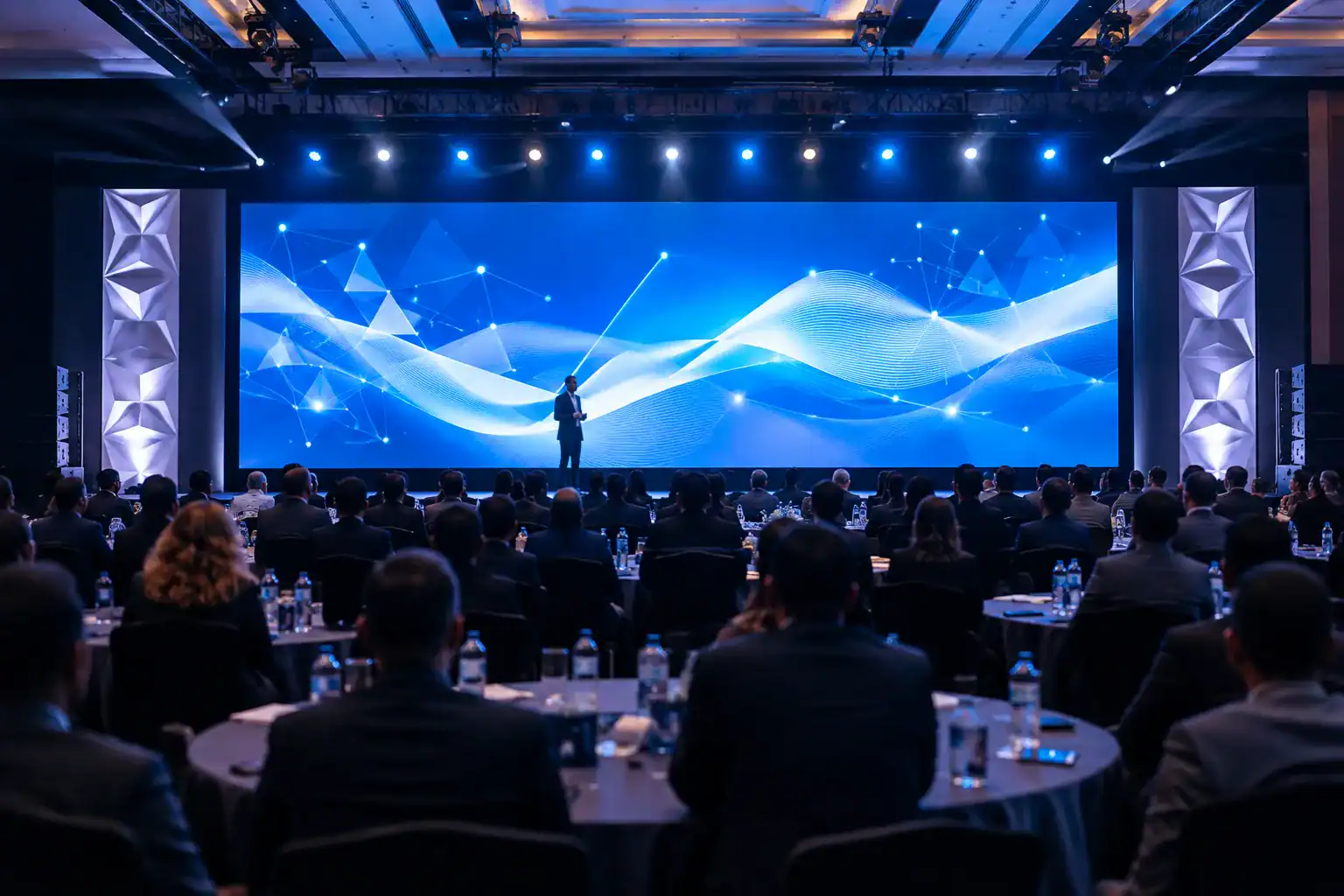 LED display showing a corporate event presentation to a seated audience