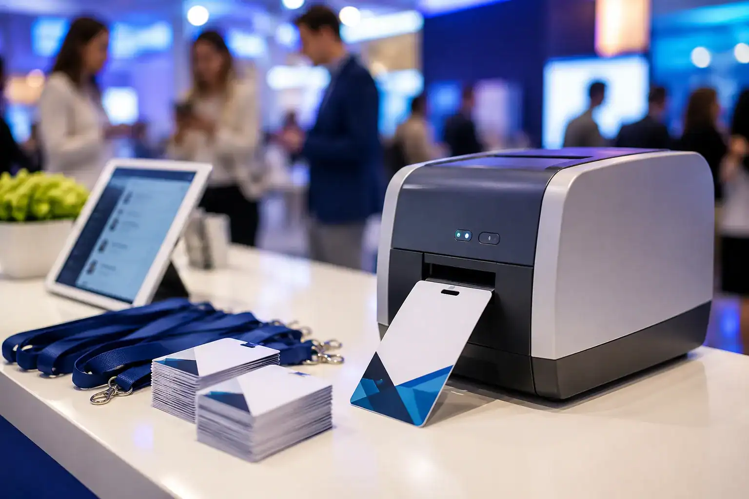 Event badge printer producing a visitor badge beside registration materials